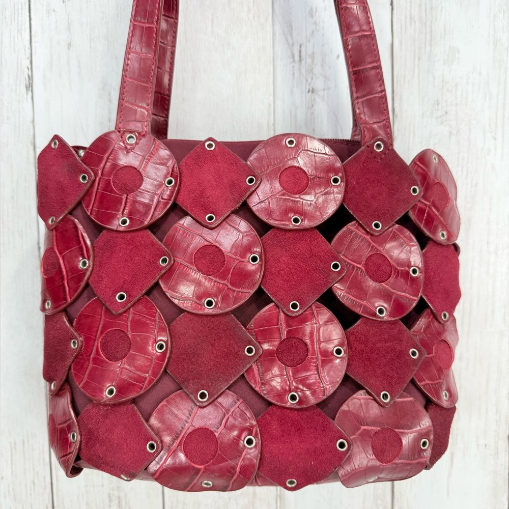 Vintage Braccialini Leather Red Bucket Shoulder Purse Handbag Boho Croc Embossed